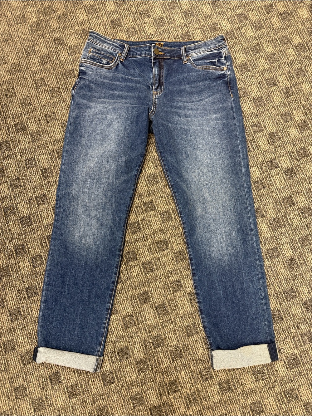 KUT From The Kloth Boyfriend Jeans Medium‎ Wash Cuffed Stretch Denim Sz 10